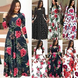 Boho Flower Print Maxi Dresses Women Autumn O Neck Long Sleeve Slim Swing Casual Hollow Out Tunic Lady Plus Size 5XL 210526