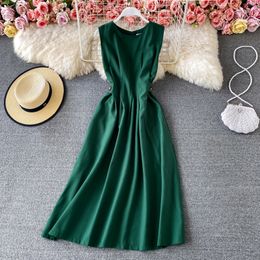 Summer o neck waist slim midi dress for womens sleeveless fashion solid color elegant vinatge large swing vestido 210420