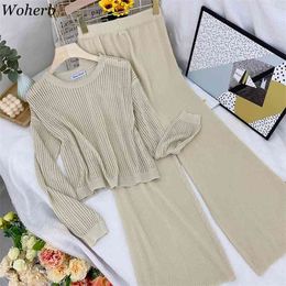 Korean Summer Knitted 2 Peice Set Women Hollow Out Pullover Tops + Wide Leg Pants Suit Solid All Match Casual Tracksuit 210519