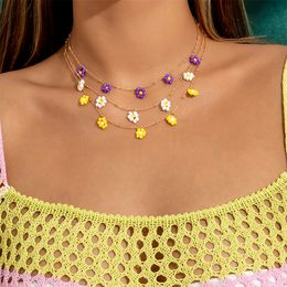 gold wear UK - Yamog Colorful Daisy Beads Flowers Pendant Necklaces Women Multi Layer Copper Thin Clavicle Chains European Vacation Beach Dress Wear Neck Jewelry Gold