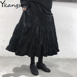 Women Vintage Velvet Long Pleated Skirt Korean Style Ladies Elastic Midi High Waist Black Spring Harajuku Gothic Clothes 210421