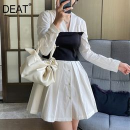 Style V-neck Colour Contrast Close Waist Pleated Shirt Long Sleeve Patchwork Dress Women Spring And Summer GX1149 210421