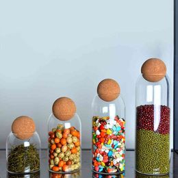 Transparent Spice Glass Sealed Water Bottle with Round Cork Mason Jar Tea Coffee Storage Tank Food Grains Container 210330