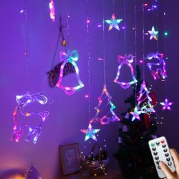 Strings LED Star Deer Tree Bell 220V 110V Fairy Christmas Garland Curtain Lights Year Wedding Party Decoration On The Window