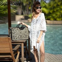 Women's Swimwear Knitting Swim Cover Up Dress Solid Loose Hollow Out Short Sleeve V Neck Sexy Pareo Beach Summer Dresses Women