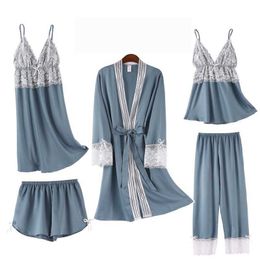 5PCS Satin Sexy Pajamas Suit Women Lace Payjamas Pour Femme Kimono Robe Gown Loose V-neck Sleepwear With Trousers Loungewear Q0706