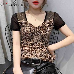 Glitter Diamonds Algodão Womens Tshirts Verão Casual Casual Manga Curta Leopardo Tee Tops Slim Camiseta T03717B 210421