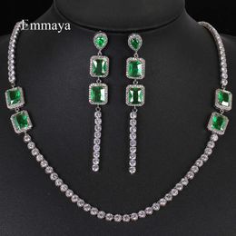 Emmaya New Arrival Classical Design Round And Green Cubic Zircon Necklace Long Earring Fashion Jewelry Set Women Wedding Party H1022