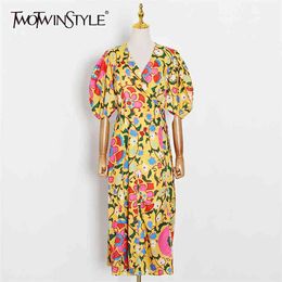 Print Hit Colour Female's Dress V Neck Puff Sleeve High Waist Lace Up Midi Elegant Dresses Women Summer Clothes 210520