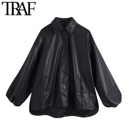 TRAF Women Fashion Faux Leather Oversized Asymmetric Jacket Coat Vintage Lantern Sleeve Female Outerwear Chic Tops 210415