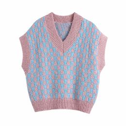 Women Spring Autumn Fashion Sweet Blue And Pink Lattice Sweater Female Girl Feeling V-Neck Vest Pullover Chic Top 210520