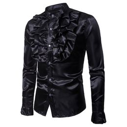 Vintage Shirt Men Smooth Shirt Luxury Shirts Party Stage Performance Shiny Dress Shirts Retro Big Flower Decoration Camisa 210524