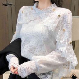 Spring Crochet Lace Blouse Women Casual Chic Floral Ladies Office Shirt Tops White Apricot Long Sleeve Blusas 13025 210521