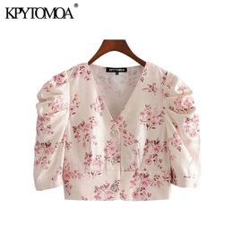 Women Fashion Floral Print Buttons Cropped Blouses V Neck Puff Sleeve Female Shirts Blusas Chic Tops 210420