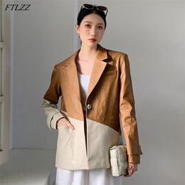 Spring Women Loose Contrast Twill Jacket Leather Coat Tailored Collar vintage Long sleeve overcoat. 210430