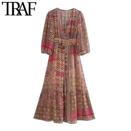 TRAF Women Chic Fashion Paisley Print Pleated Midi Dress Vintage Three Quarter Sleeve With Lining Female Dresses Mujer 210415