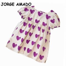 Wholesale Korean Style Summer Kids Girls Dress Short Sleeves Purple Love Heart Cute Princess E8923 210610