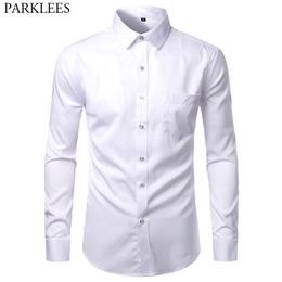 Mens White Bamboo Fiber Dress Shirts Slim Fit Wrinkle Free Casual Chemise Non Iron Easy Care Elastic Wedding Working 210721