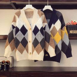 Plus Size Knitted Sweater Cardigan Coat Women's Loose V-neck Women Shirt lattice Thick Casual 352F 210420