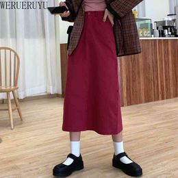 WERUERUYU Autumn Winter Corduroy Skirt Women Vintage Wine red Midi Long Skirts Female Elastic High Waist A-line Pleated Skirt 210608