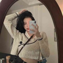 Women's Sweater Short Young Girl Loose Lazy Autumn One Button V-Neck Outer Wear Pullover Japan Style Female Crop Tops GX1033 210507