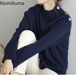 Nomikuma Knitted Sweater Women Autumn Winter Style Solid Colour Loose Shoulder Buttons Half Turtleneck Pullover Jumpers 3d503 210514