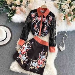 Retro Print Suits Women Fashion Lace Long Sleeve Colour Matching Shirts + High Waist Wide Leg Shorts Two Piece Sets Q140 210527