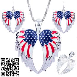 1set Angel Wings Necklace Earring Jewelry Set Alloy Unique American Flag Design Gift Animal Pendant Rainbow Charm Accessories X0709 X0710