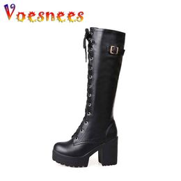 Boots Spring And Autumn Black Knee High Women Punk Style 7CM PU Leather Long Boot Female Lace Up Thick Heel Platform Shoes