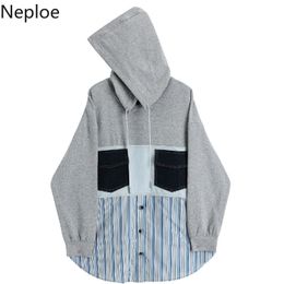 Neploe Hoodies Women Casual Long Sleeve Hooded Sweater Spring Fashion Striped Patchwork Fashion Loose Sweatshirts Tops Mujer 210422