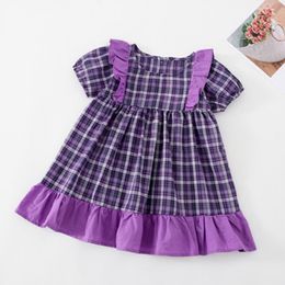 Children's Short-sleeve Plaid Print Stitching Princess Dress Cute Girls Kids Clothes Fashion Summer 210515
