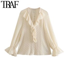 TRAF Women Fashion With Ruffled Chiffon Blouses Vintage Long Sleeve Elastic Cuffs Female Shirts Blusas Chic Tops 210415