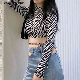 Sexy Zebra Leopard Snake Pattern Print Long Sleeve Backless T-shirt Crop Top Woman Waist Bandage Pullover Tee Party 210429