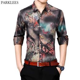 Mens Branches Colourful Print Mens Dress Shirts Casual Smooth Men Tuxedo Floral Shirt Slim Fit Long Sleeve Male Social Shirt 210522