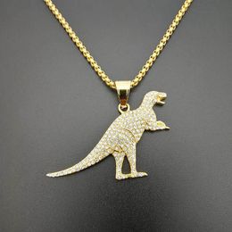 Pendant Necklaces Hip Hop Gold Chain CZ Zircon Bling Iced Out Stainless Steel Dinosaur Tyrannosauru Pendants Necklace For Men Rapper Jewelry