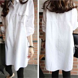 100% Cotton White Blouse Spring Korea Fashion Women Long Shirt Double Pocket Loose Casual Blouses Female Shirts Top Quality D378 210512