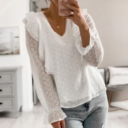 Women White Hollow Out Ruffles Lace Blouses Spring Casual V Neck Long Sleeve Spliced Office Lady Slim Pullover Shirt Tops 210416