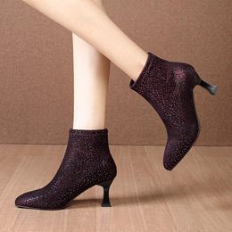 Boots 2021 Autumn Winter Women Bling Knitting High Heels Ankle Crystal Pointed Toe Dress Shoes Stiletto Ladies Botas Mujer
