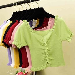 Pull Sweters Women Slim Sexy V-neck Sweet Ruffles Short Sleeve Crop Sweater Summer Green Knitted Pullover Tops Femme 210525