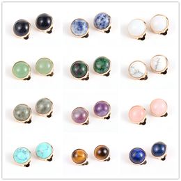 Women 12mm Rose Quartz Stone Cabochons Gold Ear Cuff Crystal Earring Clips Tiger Eye Turquoises Amethysts Copper Earclip Decoration Jewelry