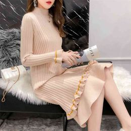 Autumn And Winter Thick Warm Knit Dress Female Striped Long Paragraph Trumpet Sleeves Bottom Sweater Skirt 210427