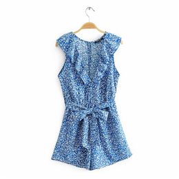 Elegante Frauen Sexy Blumendruck Strampler Mode Damen Rüschen V-ausschnitt Strampler Streetwear Weibliche Chic Bogen Schärpen Playsuits 210427