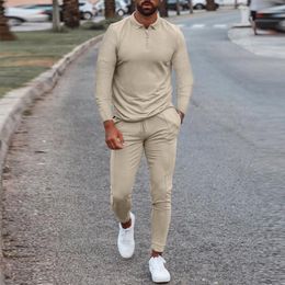 Men's Tracksuits Fashion Solid Mens Clothes 2021 Spring And Autumn 2 Piece Set Men Turn-Down Collar Zipper Tops Drawstring Pants Outfit Suit