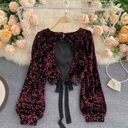 Sexy Hollow Out Sequin Blouse Women O-Neck Open Back Bandage Tops Elegant Black/Red Bling Club Party Shirt Autumn Fashion 210410