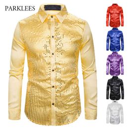 Luxury Sequin Men's Shirts Silk Satin Long Sleeve Dress Shirts Shiny Disco Nightclub Shirt Men Party Stage Performance Chemise 210524