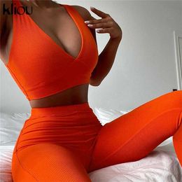 Kliou Solid Knitted 2 Piece Set Women Summer V-Neck Cleavage Top+Skinny Pant Matching Outfits Active Casual Streetwear Clothing 211105