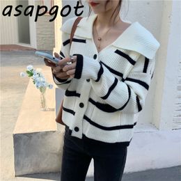 Sweater Autumn Preppy Style Black White Striped Knitted Cardigan Jacket Turn Down Collar Contrast Colour Casual Student Men 210429
