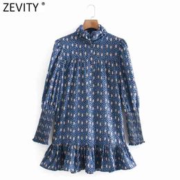 Women Vintage Turtleneck Collar Leopard Dots Print A Line Dress Female Chic Pleat Ruffles Vestido Clothes DS4982 210420