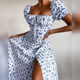 AIIOU 2021 Summer Vintage Boho Print Slit Female Maxi DrWomen France Romantic Square Collar Puff Sleeve Vacation Dresses X0621
