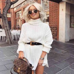 Casual Knitted Sweater Dress Women Autunn Winter Turtleneck Ribbed Oversized High Fashion Streetwear 210427